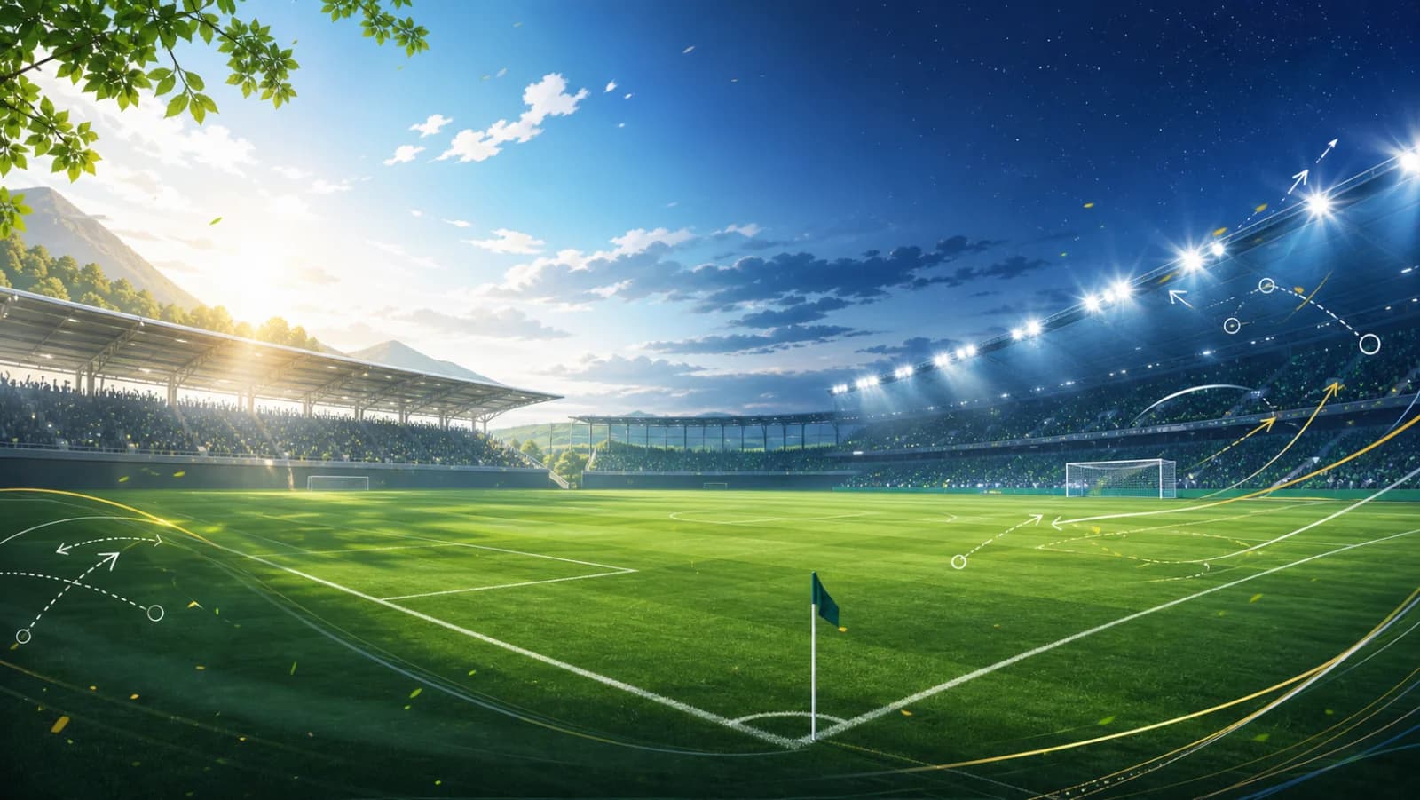 Illustrert fotballstadion som går fra nordisk sommerlys til europeisk flomlyskveld