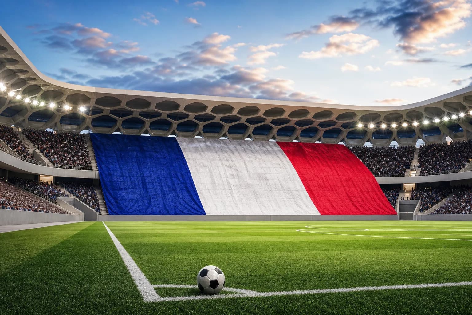 Den franske trikoloren dekker hovedtribunen på et moderne fotballstadion