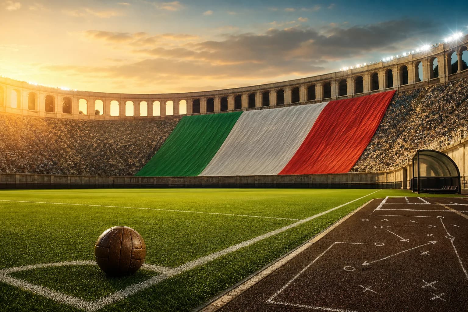 Den italienske trikoloren dekker tribunen på en solbelyst fotballarena