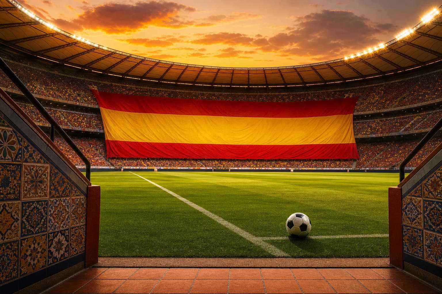 Det spanske flagget dekker tribunen på et stadion i varmt kveldslys